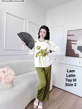 Đồ bộ lam latin quần dài áo tay lỡ cổ tròn size 2 - DBO4365