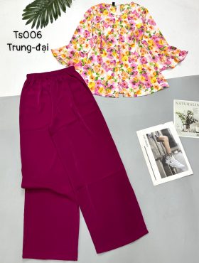 Đồ bộ mặc nhà mango quần dài trơn áo in bông có 2 size - DBO4403