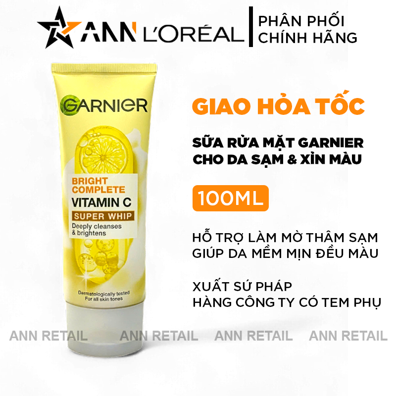 Sữa Rửa Mặt Garnier Sạch Sâu Sáng Da Bright Complete Vitamin C Super Whip Deeply Cleanses & Brightens 100ml