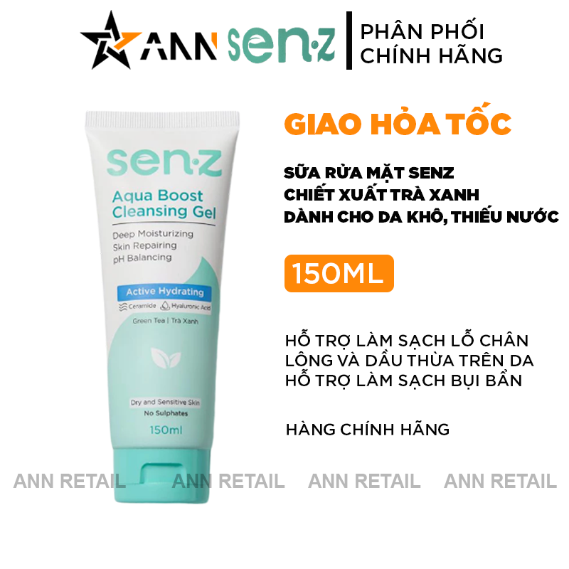 Sữa Rửa Mặt Senz Aqua Boost Cleansing Gel Chiết Xuất Trà Xanh 150ml - Sữa Rửa Mặt Cho Da Khô