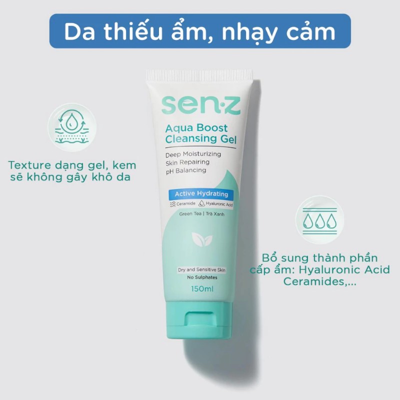 Sữa Rửa Mặt Senz Aqua Boost Cleansing Gel Chiết Xuất Trà Xanh 150ml - Sữa Rửa Mặt Cho Da Khô