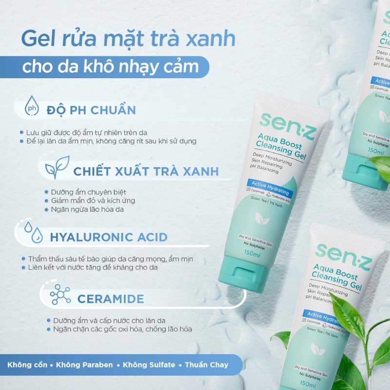 Sữa Rửa Mặt Senz Aqua Boost Cleansing Gel Chiết Xuất Trà Xanh 150ml - Sữa Rửa Mặt Cho Da Khô