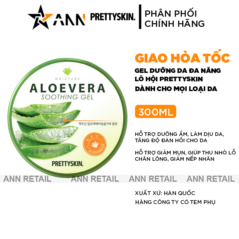 Gel Dưỡng Da Đa Năng Prettyskin Chiết Xuất Lô Hội Aloevera Soothing Gel 300ml