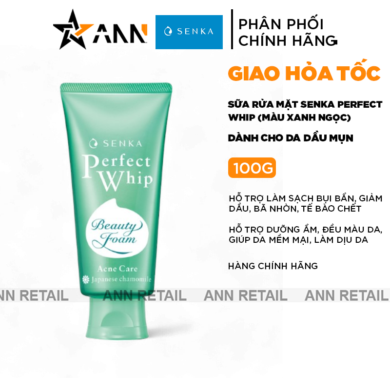 Sữa Rửa Mặt Senka Perfect Whip Màu Xanh Ngọc Giảm Mụn Mờ Thâm 100g