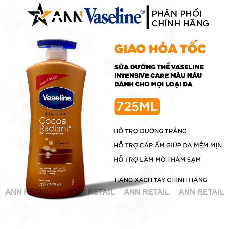 Sữa Dưỡng Thể Vaseline Intensive Care Cocoa Radiant Màu Nâu 725ml - Hàng Xách Tay