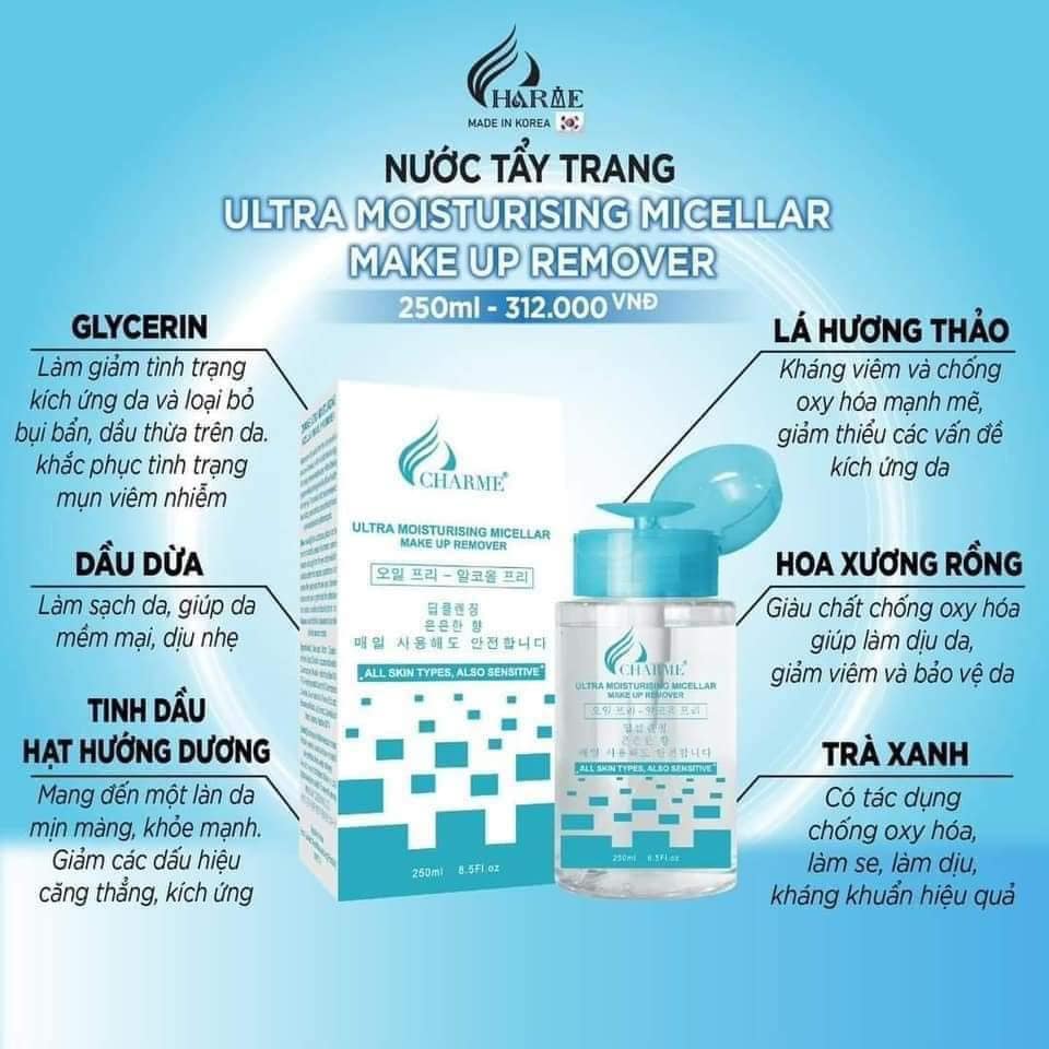 Nước Tẩy Trang Charme Ultra Moisturising Micellar Make Up Remover 250ml