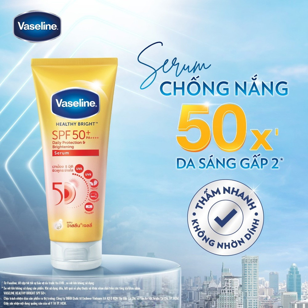 Tinh Chất Chống Nắng Vaseline Healthy Bright Sun + Pollution Protection SPF 50+ PA++++ Loại da phù hợp: Sản phẩm phù hợp cho mọi loại da. Giải pháp cho tình trạng da: Dành cho làn da cơ thể Dành cho làn da khô ráp, thiếu ẩm.