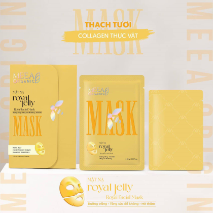 Mặt Nạ Thạch Tươi Meea Organic Màu Vàng Mask Sữa Ong Chúa Royal JellyCông Dụng Mask Thạch Tươi Royal Jelly Meea : dưỡng trắng, mờ thâm với các thành phầnSữa ong chúa: chứa nhiều vitamin và các axit giúp kích thích sản sinh collagen, ngăn ngừa lão hoá cho da trắng sáng, căn mịn