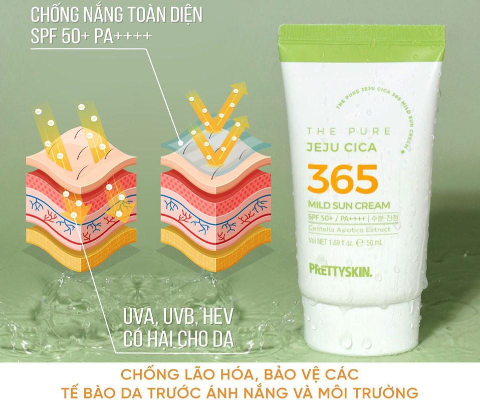 kem chống nắng rau má Pretty Skin The Pure Jeju Cica 365 Mild Sun Cream