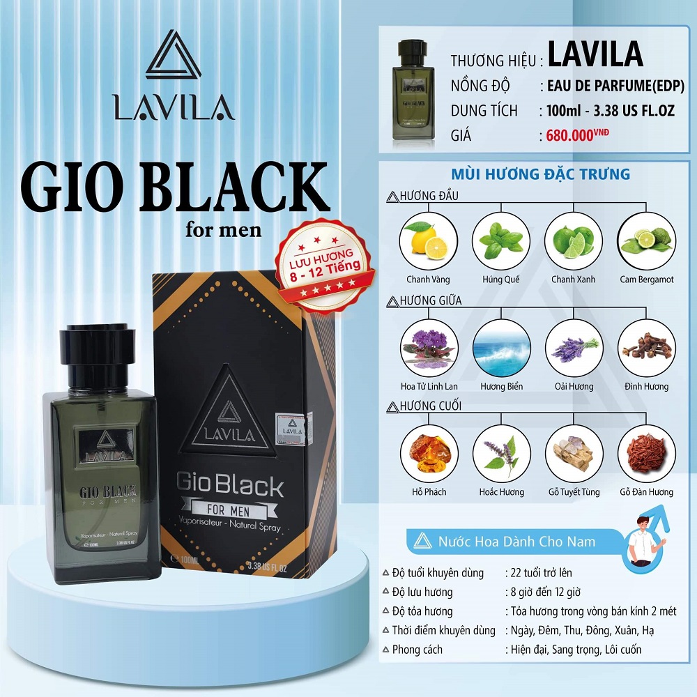 Nước hoa LAVILA Gio Black phong cách hiện đại, sang trọng, lôi cuốn 100ml