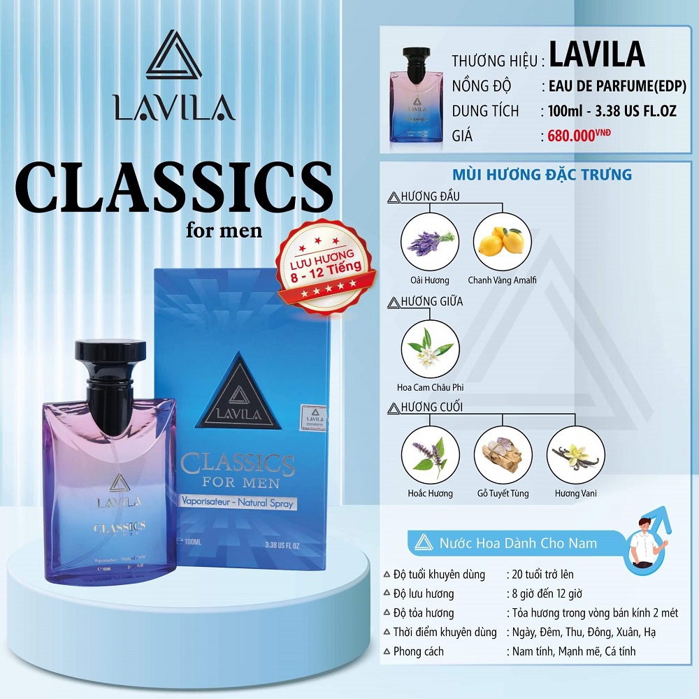 Nước hoa LAVILA Classics phong cách nam tính, mạnh mẽ, cá tính 100ml