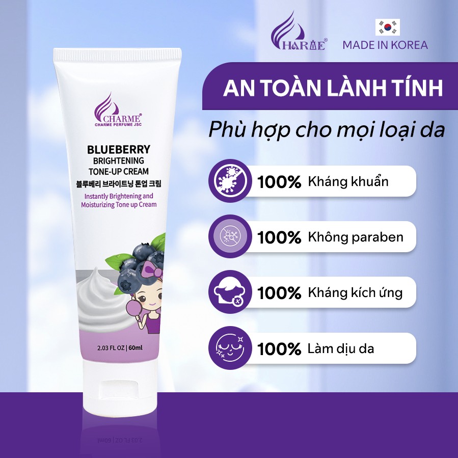 Làn da mướt mịn đạt đỉnh nhờ sản phẩm Kem dưỡng da mặt Blueberry Brightening Tone-Up Cream nhà Charme