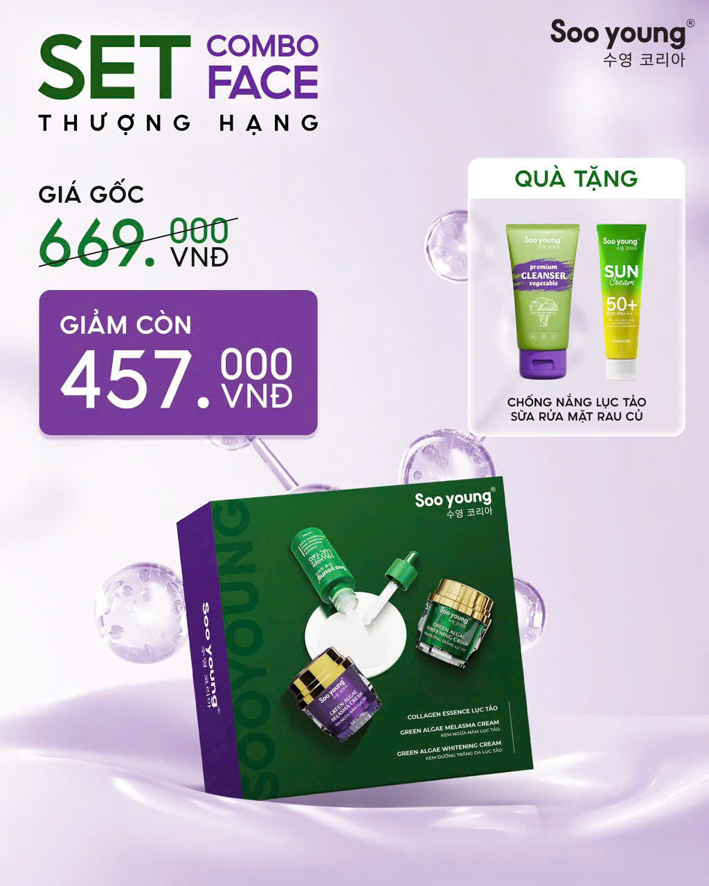 Combo Face ngày đêm tím xanhMiNi và Serum Tinh Chất Collagen Essence Lục Tảo Soo young