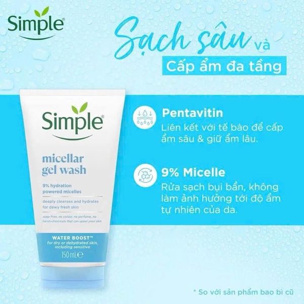 Sữa rửa mặt dạng gel Simple Micellar Gel Wash Water Boost cấp ẩm đa tầng & làm sạch sâu cho da 150ml