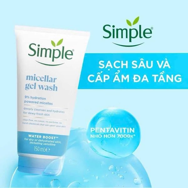 Sữa rửa mặt dạng gel Simple Micellar Gel Wash Water Boost cấp ẩm đa tầng & làm sạch sâu cho da 150ml