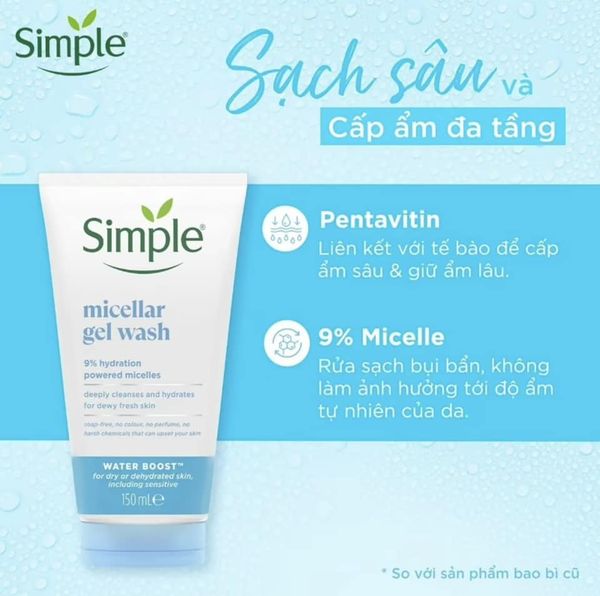 Sữa rửa mặt dạng gel Simple Micellar Gel Wash Water Boost cấp ẩm đa tầng & làm sạch sâu cho da 150ml