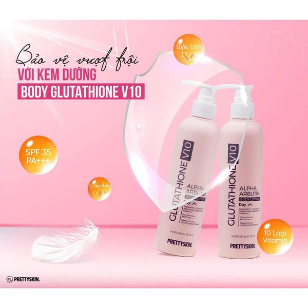 Dưỡng Thể Trắng Da Chống Nắng Ban Ngày PrettySkin Body Glutathione V10 Alpha Arbutin Body Lotion 250ml Hồng