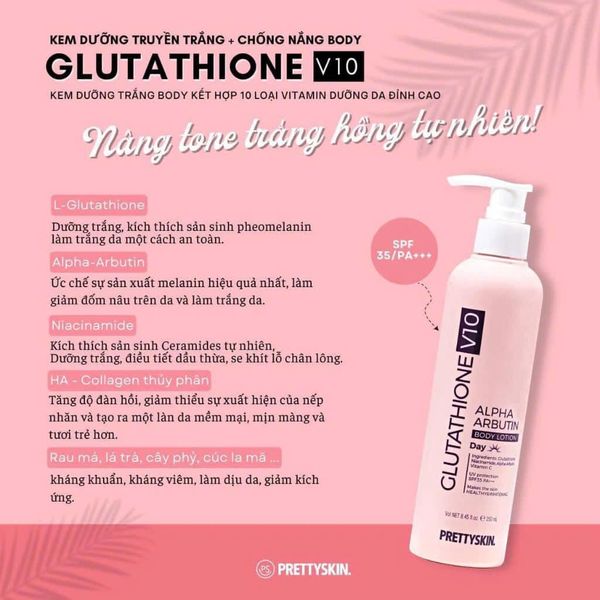 Dưỡng Thể Trắng Da Chống Nắng Ban Ngày PrettySkin Body Glutathione V10 Alpha Arbutin Body Lotion 250ml Hồng