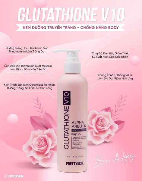 Dưỡng Thể Trắng Da Chống Nắng Ban Ngày PrettySkin Body Glutathione V10 Alpha Arbutin Body Lotion 250ml Hồng