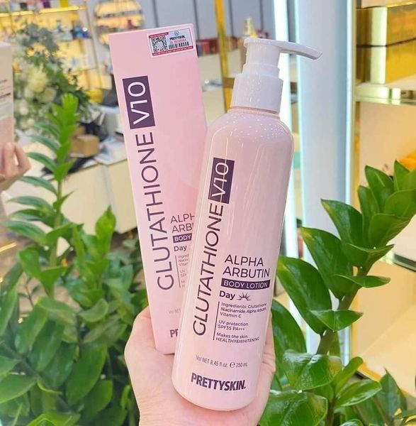 Kem Dưỡng thể Prettyskin trắng da chống nắng Glutathione V10 Alpha Arbutin Body Lotion SPF 35+++  250ml