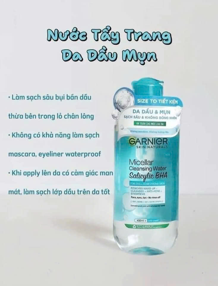 Nước Tẩy Trang Garnier Nắp Xanh Micellar Cleansing Water Salicylic BHA Dành Cho Da Dầu Mụn