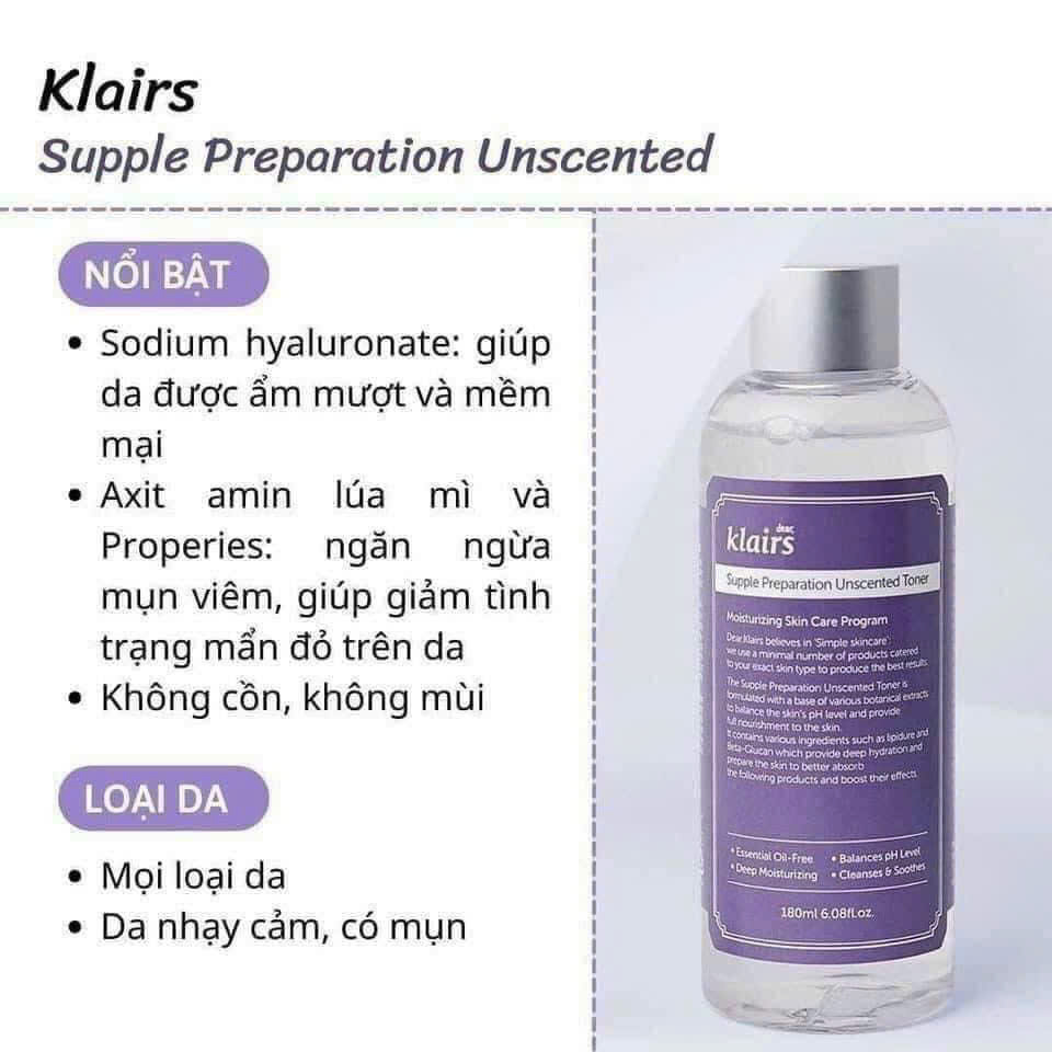 Nước hoa hồng không mùi Klairs Supple Preparation Unscented Toner lành tính cho ọi loại da