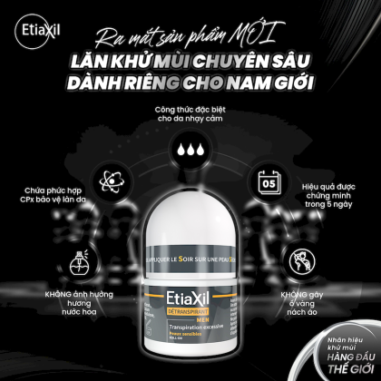 Lăn Khử Mùi EtiaXil Detranspirant Men Peaux Sensibles Roll-On Cho Nam Ngăn Mồ Hôi Chuyên Sâu 15ml