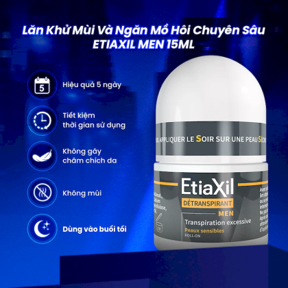 Lăn Khử Mùi EtiaXil Detranspirant Men Peaux Sensibles Roll-On Cho Nam Ngăn Mồ Hôi Chuyên Sâu 15ml