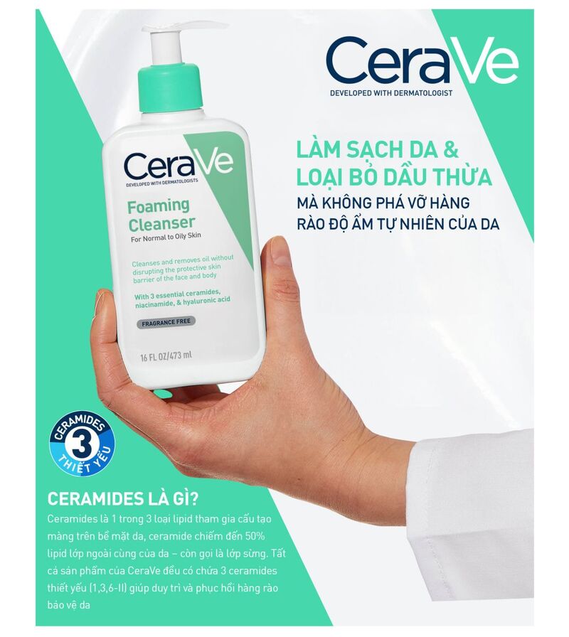 Sữa Rửa Mặt Tạo Bọt Dịu Nhẹ Cerave Foaming Cleanser Màu Xanh Ngọc  Dành cho da dầu