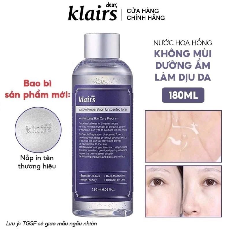 Nước Hoa Hồng Không Mùi Dưỡng Ẩm, Làm Dịu Da Klairs Supple Preparation Unscented Toner 180ml