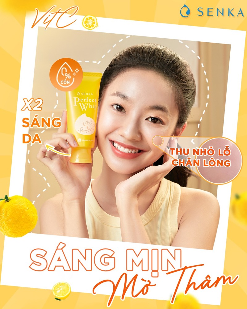 Sữa Rửa Mặt Senka Perfect Whip Vitamin C Màu Vàng Sáng Mịn Mờ Thâm 120g