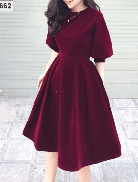 Đầm đỏ tay phồng xòe vải cotton mỹ hàng nhập