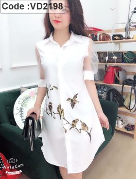 Đầm sơmi trắng in họa tiết chim tay phồng