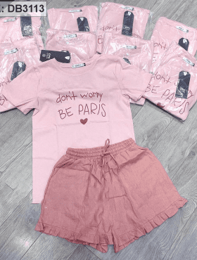 Xưởng sỉ set bộ áo thun hồng in nhũ quần kate lụa