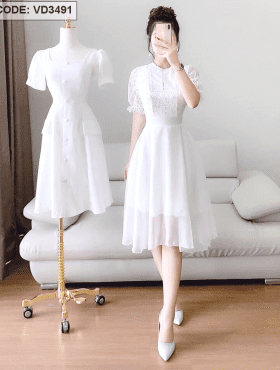 Đầm trắng voan xòe phối ren