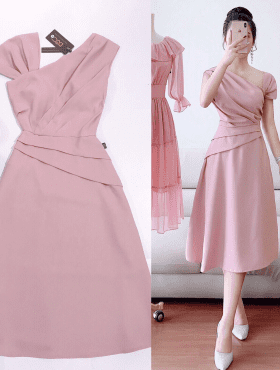 Đầm xòe lệch vai màu hồng xếp ly giá sỉ rẻ