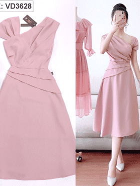 Đầm xòe lệch vai màu hồng xếp ly giá sỉ rẻ