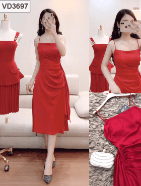 Đầm đỏ 2 dây bèo eo vải lụa