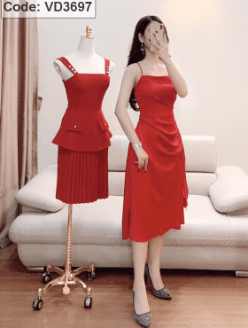 Đầm đỏ 2 dây bèo eo vải lụa