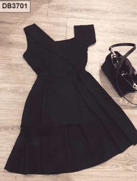 Đầm xòe lệch vai nút bọc màu đen