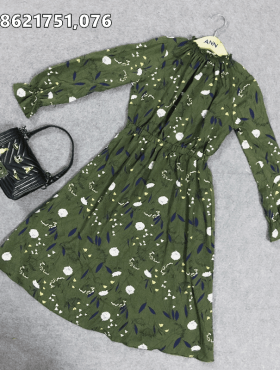 Váy đầm hoạt tiết hoa nhí xanh rêu vải voan