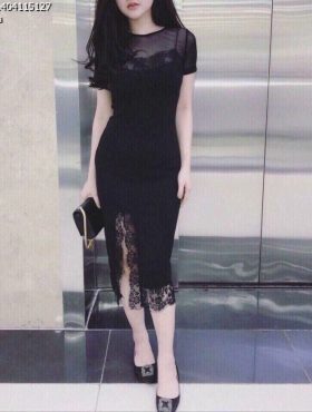 Đầm váy thun lụa phối ren màu đen