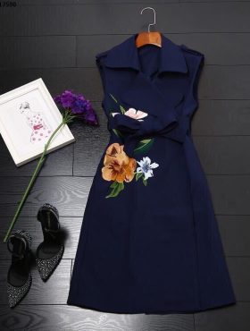Đầm xanh đen cổ Vest thêu hoa