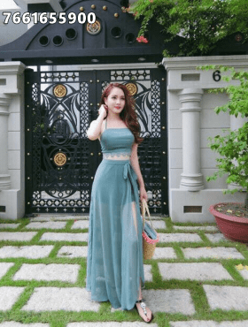 Đầm váy maxi xanh viền ren áo 2 dây