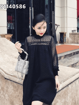Đầm váy đen lưới bi tay dài