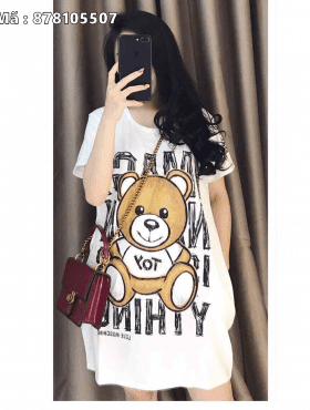 Đầm vải thun trắng in hình gấu Teddy