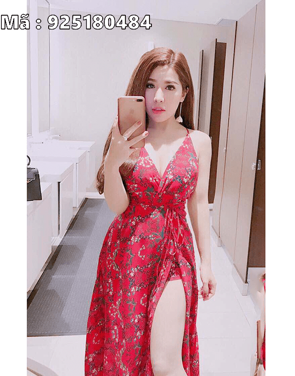 Váy đầm maxi giá sỉ đỏ 2 dây in hoa
