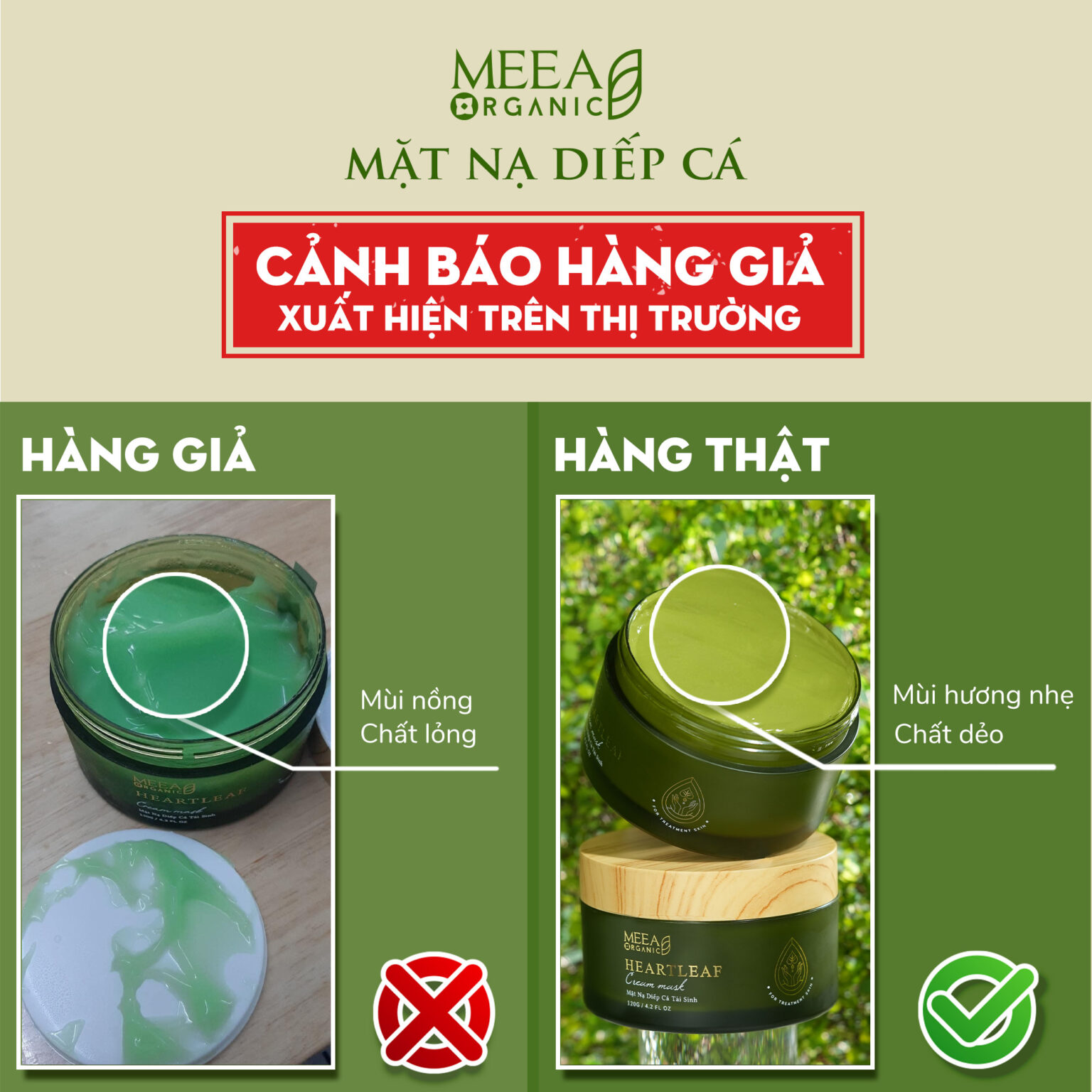 Cảnh báo hàng giả của Mặt Nạ Diếp Cá Tái Sinh MeeA Organic