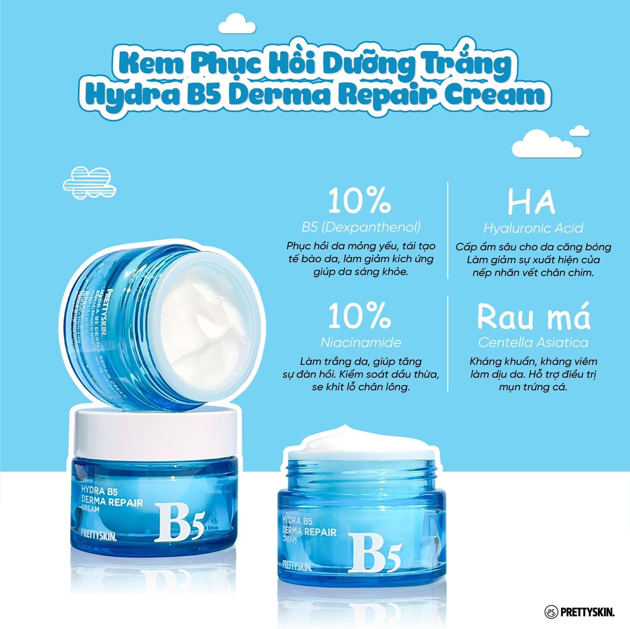 Phục hồi dưỡng trắng da đang điều trị nhanh chóng cùng kem B5 nhà Prettyskin