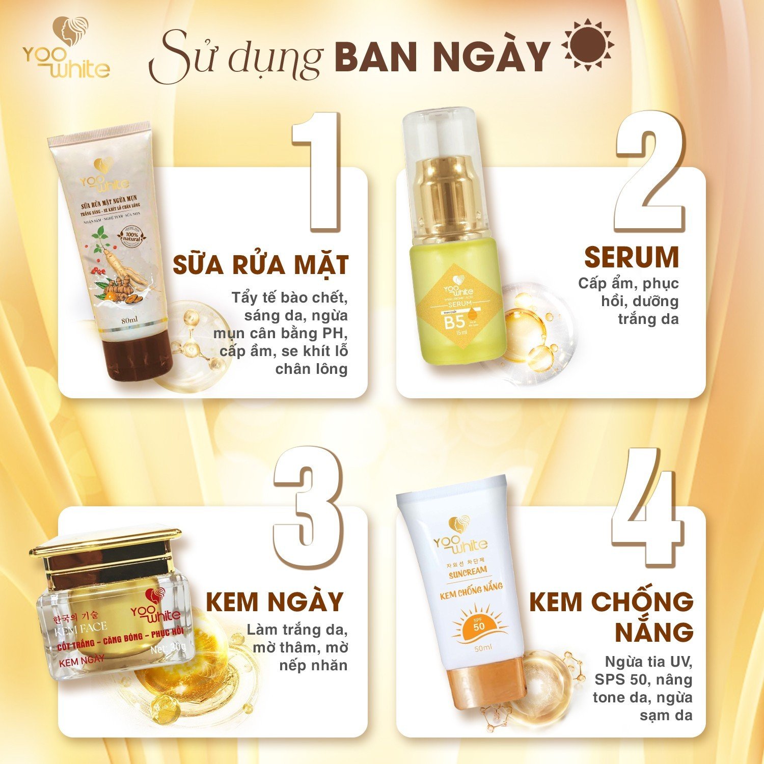 Combo Face ngày Yoo White dưỡng trắng giảm nám nụn thâm